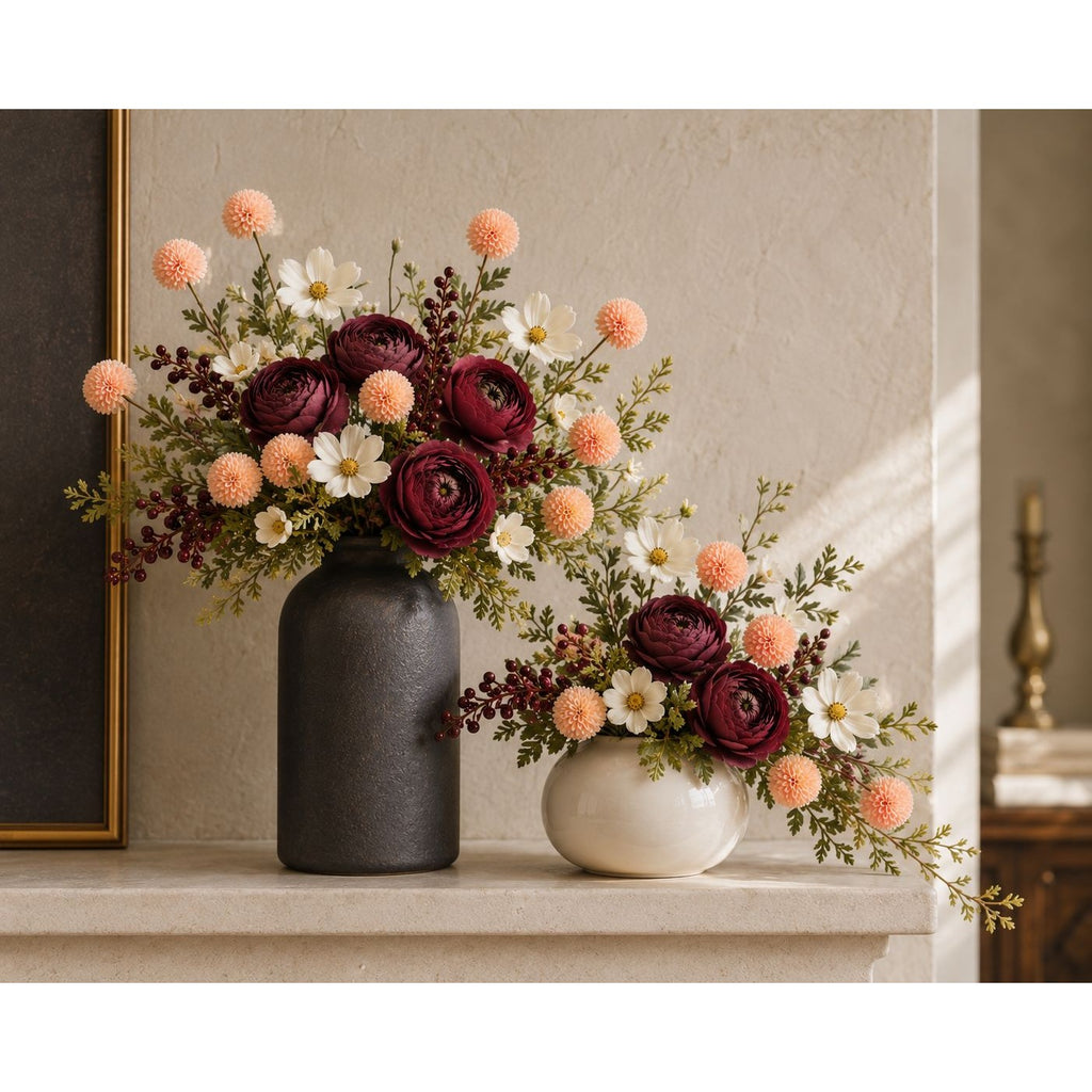 Peach Apricot Pom Pom Chrysanthemum Stems Set of 2, 20 Inch Artificial Silk Flowers for Floral Arrangements