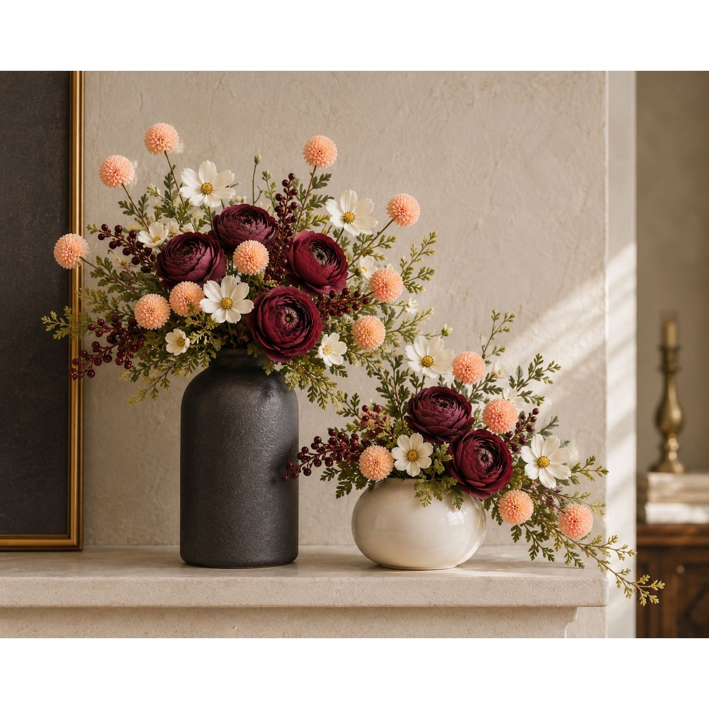 Peach Apricot Pom Pom Chrysanthemum Stems Set of 2, 20 Inch Artificial Silk Flowers for Floral Arrangements