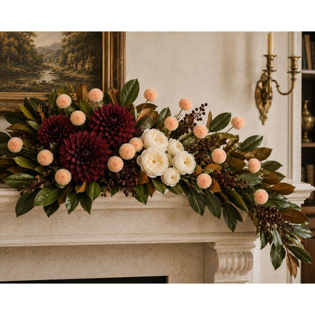 Peach Apricot Pom Pom Chrysanthemum Stems Set of 2, 20 Inch Artificial Silk Flowers for Floral Arrangements