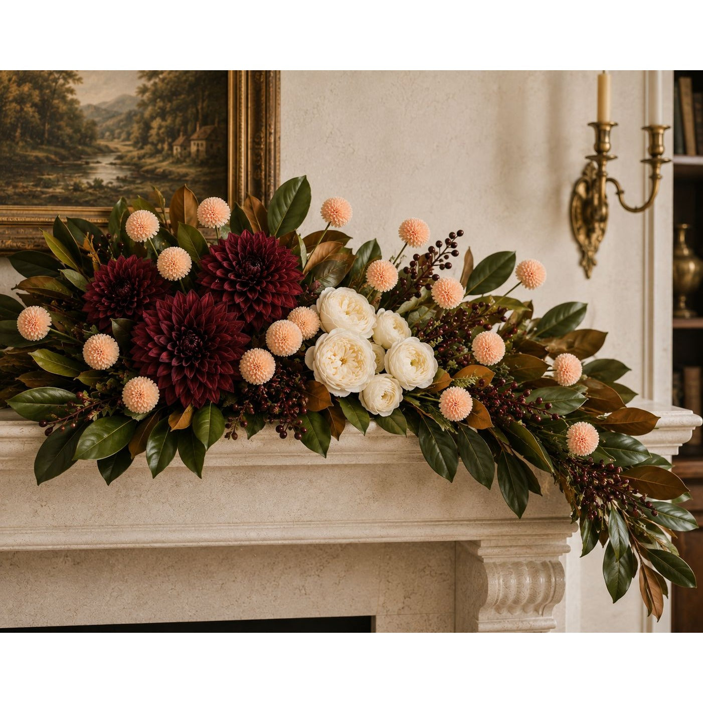 Peach Apricot Pom Pom Chrysanthemum Stems Set of 2, 20 Inch Artificial Silk Flowers for Floral Arrangements