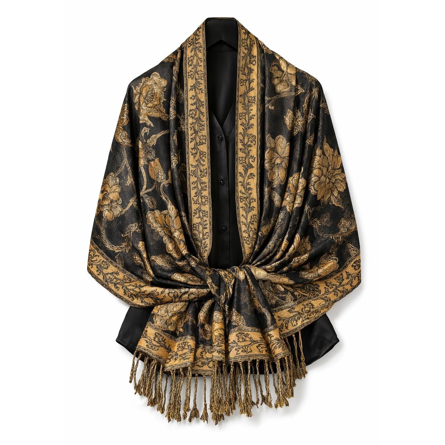 Black Gold Paisley Jacquard Scarf Shawl Fringe Boho Wrap Women 72x28 Inch