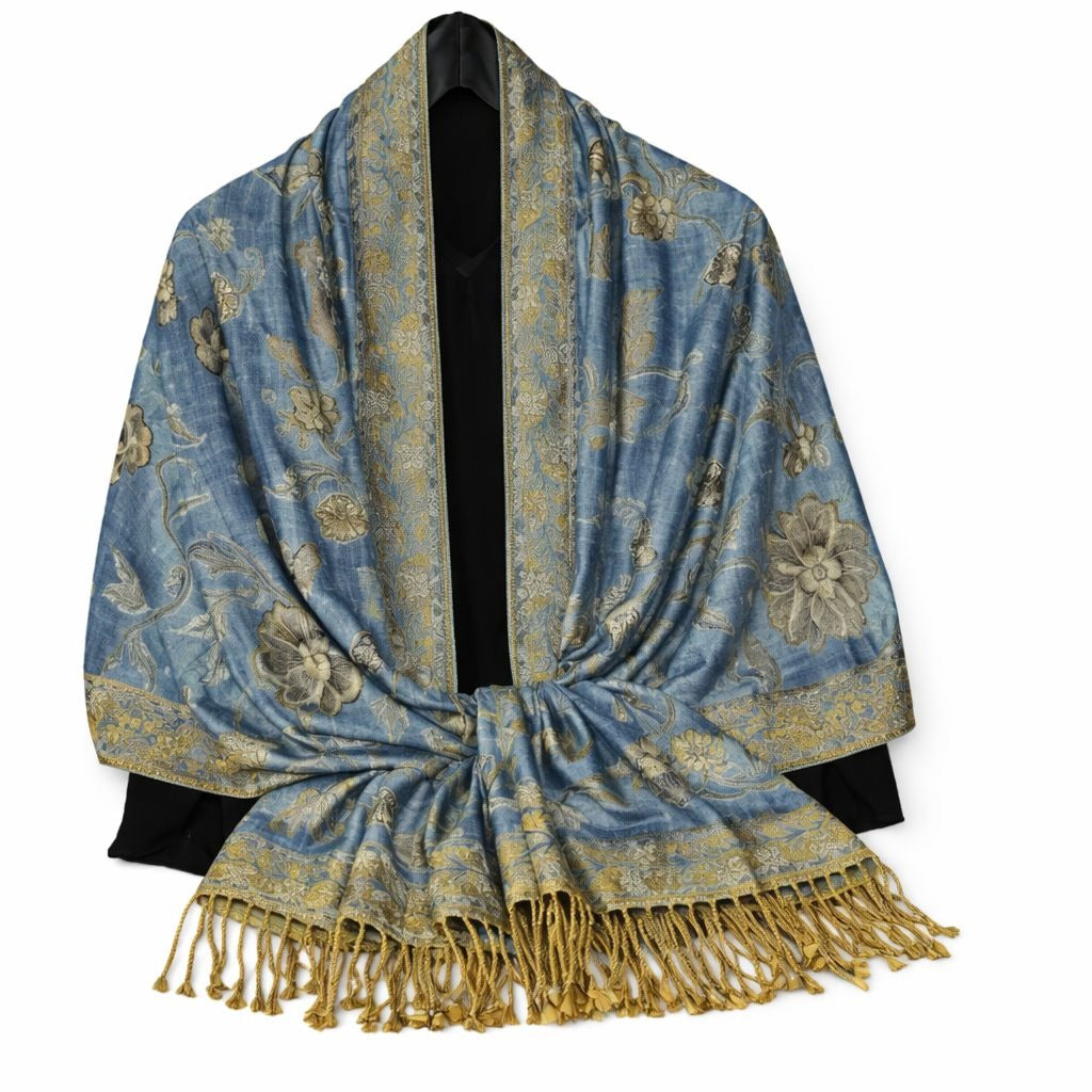 Denim Blue Paisley Jacquard Scarf Shawl Wrap with Gold Fringe Large Boho Pashmina Style Women's