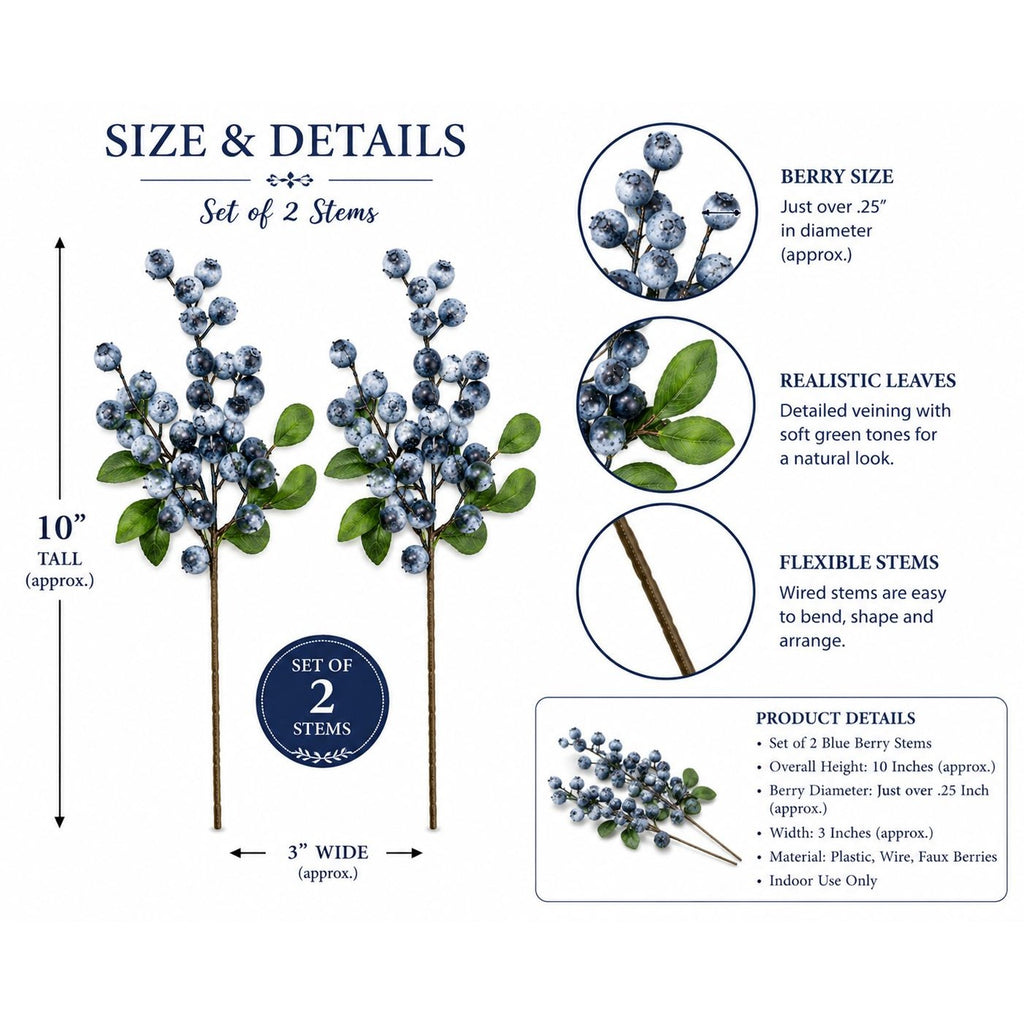 Artificial Blueberry Stems Faux Huckleberry Berries Floral Picks Wreath Supply Set of 2