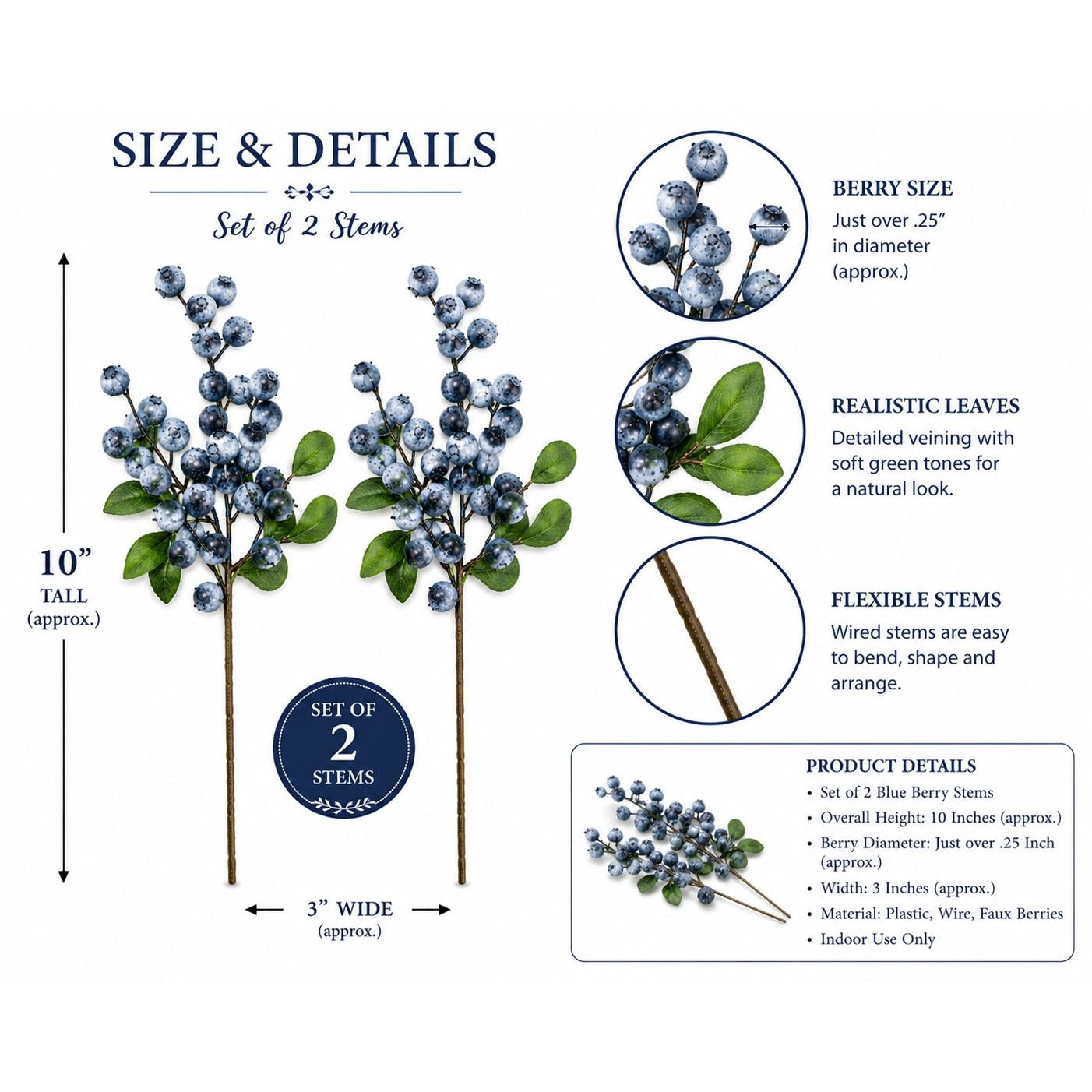 Artificial Blueberry Stems Faux Huckleberry Berries Floral Picks Wreath Supply Set of 2
