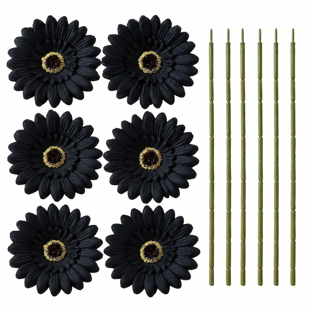 6 Black Artificial Gerbera Daisy Heads, 3 Inch, with Separate Wired Stems
