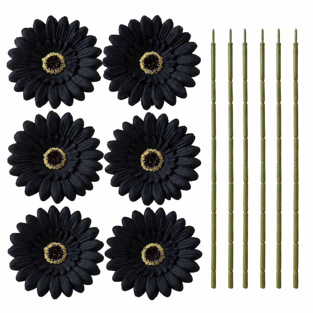 6 Black Artificial Gerbera Daisy Heads, 3 Inch, with Separate Wired Stems