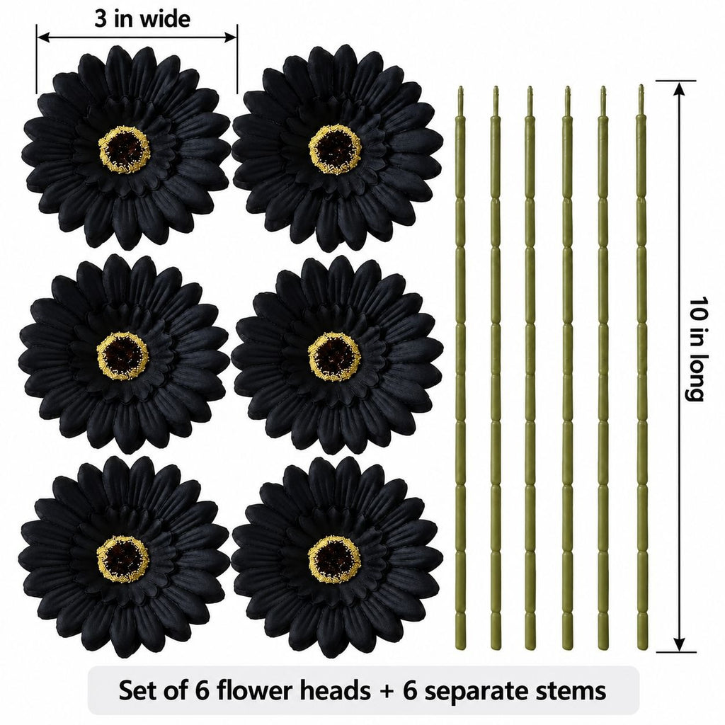 6 Black Artificial Gerbera Daisy Heads, 3 Inch, with Separate Wired Stems