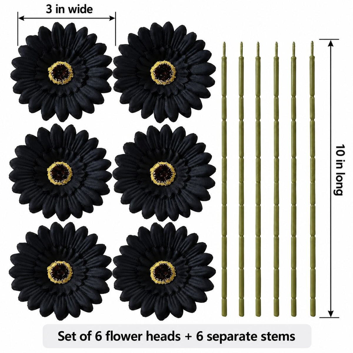 6 Black Artificial Gerbera Daisy Heads, 3 Inch, with Separate Wired Stems