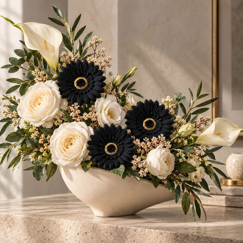 6 Black Artificial Gerbera Daisy Heads, 3 Inch, with Separate Wired Stems