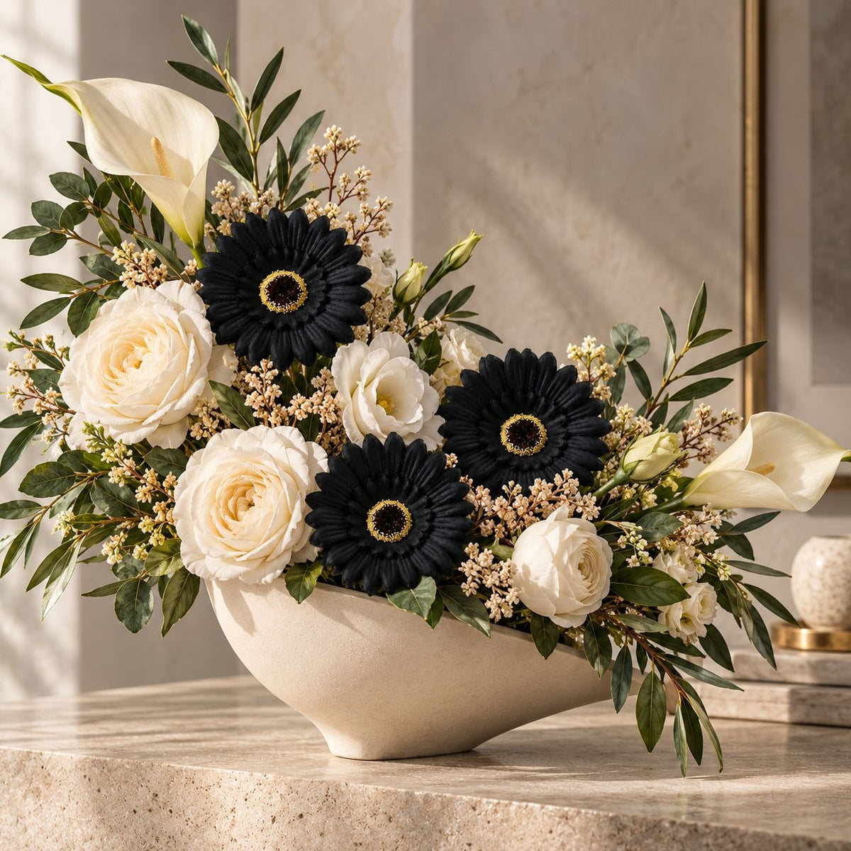 6 Black Artificial Gerbera Daisy Heads, 3 Inch, with Separate Wired Stems