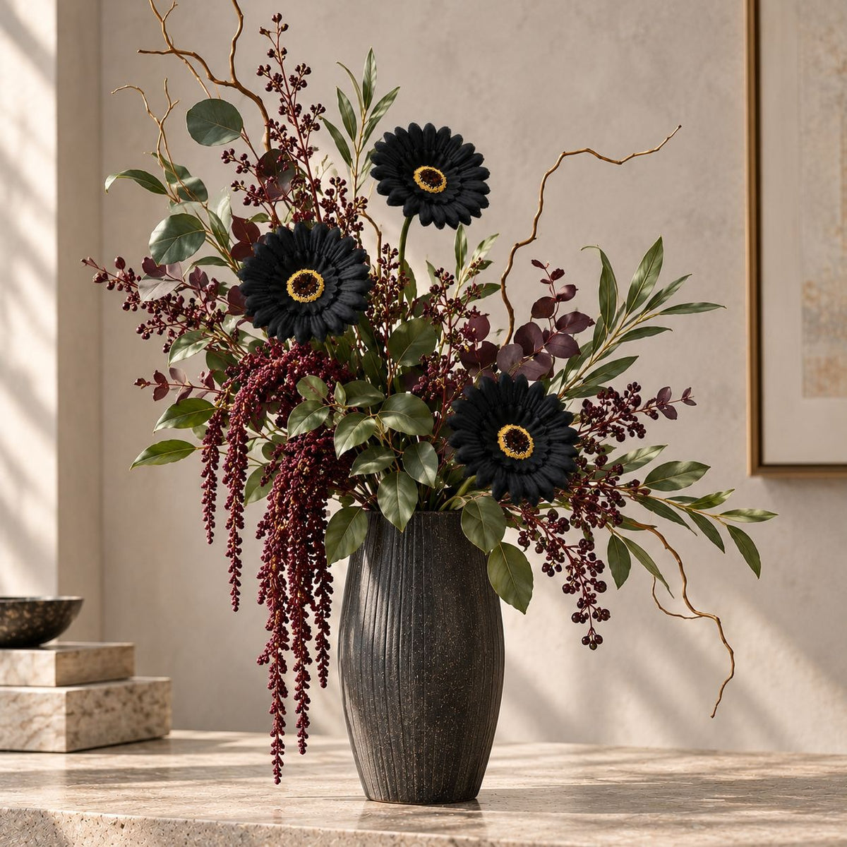 6 Black Artificial Gerbera Daisy Heads, 3 Inch, with Separate Wired Stems
