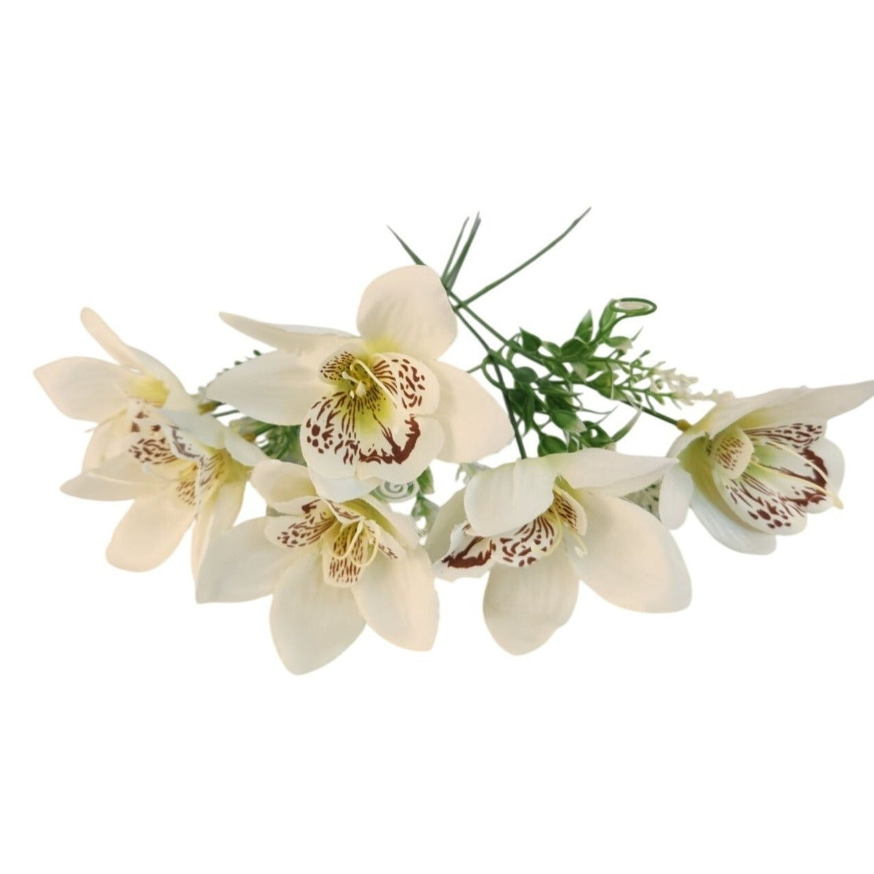 White Orchid Artificial Flowers with Greenery 6 Stem Bundle Faux Silk Wedding Florals