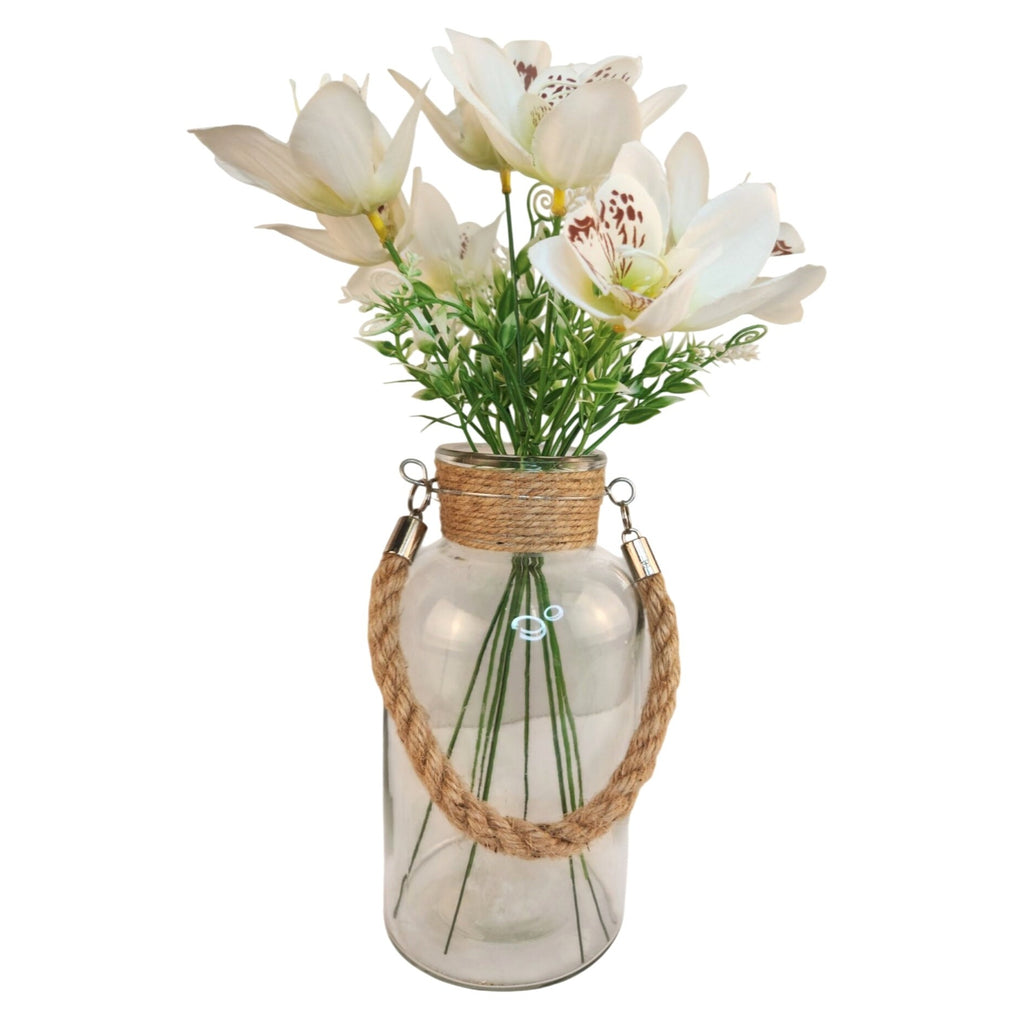White Orchid Artificial Flowers with Greenery 6 Stem Bundle Faux Silk Wedding Florals