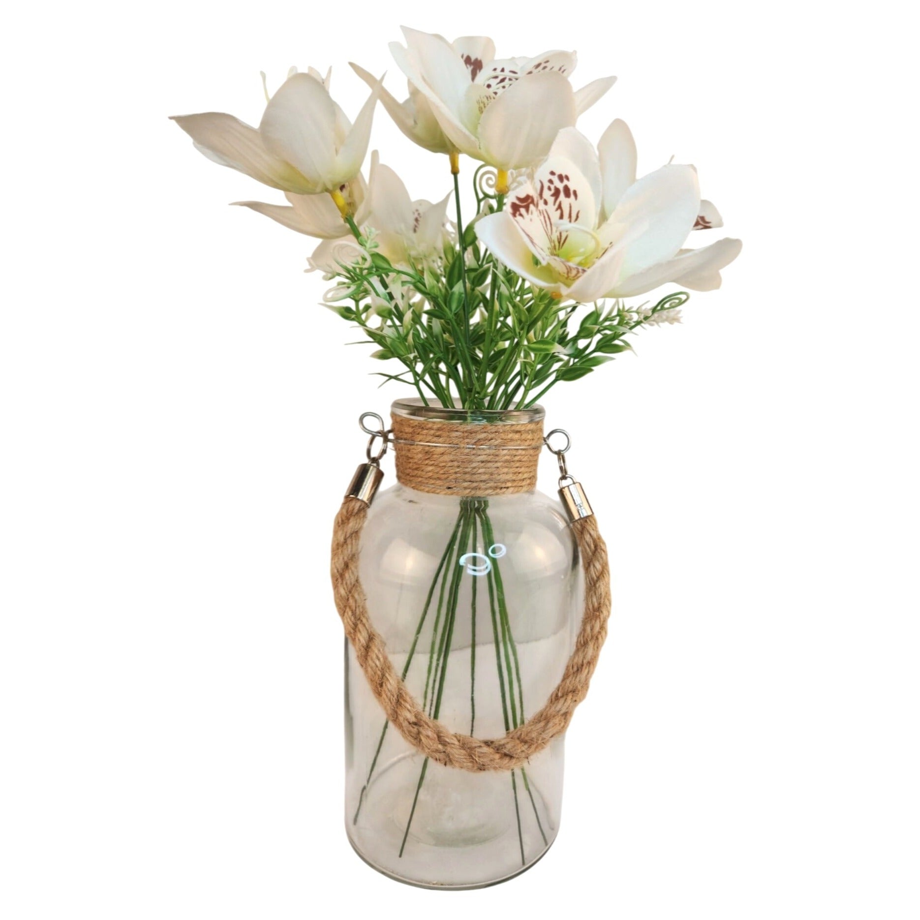White Orchid Artificial Flowers with Greenery 6 Stem Bundle Faux Silk Wedding Florals