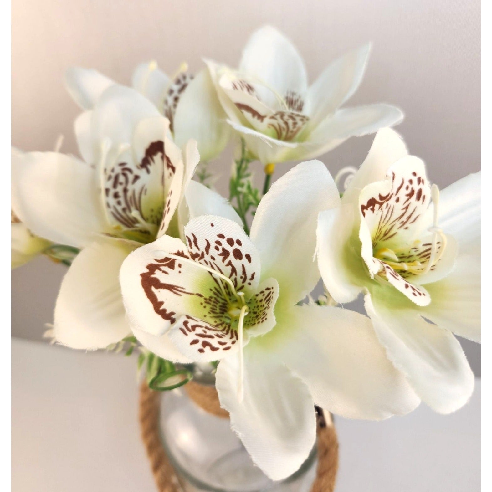 White Orchid Artificial Flowers with Greenery 6 Stem Bundle Faux Silk Wedding Florals