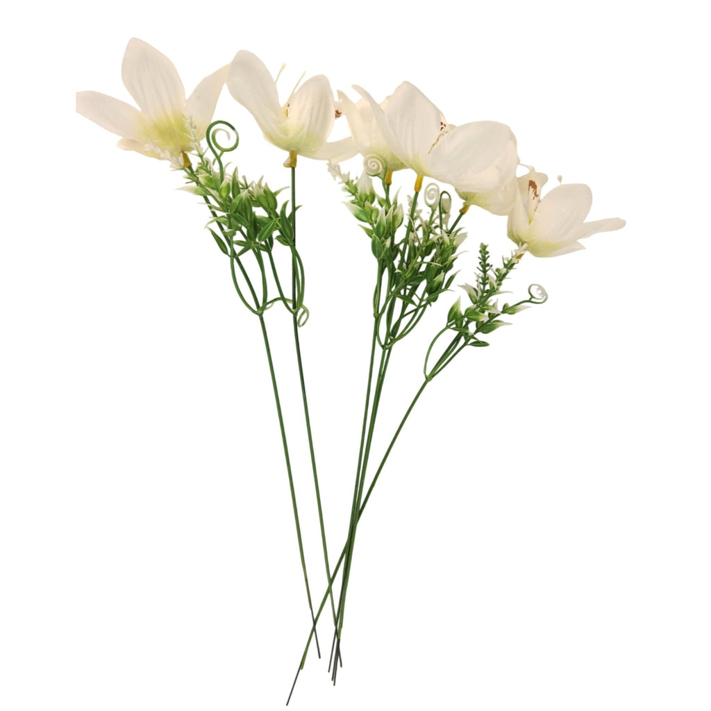 White Orchid Artificial Flowers with Greenery 6 Stem Bundle Faux Silk Wedding Florals