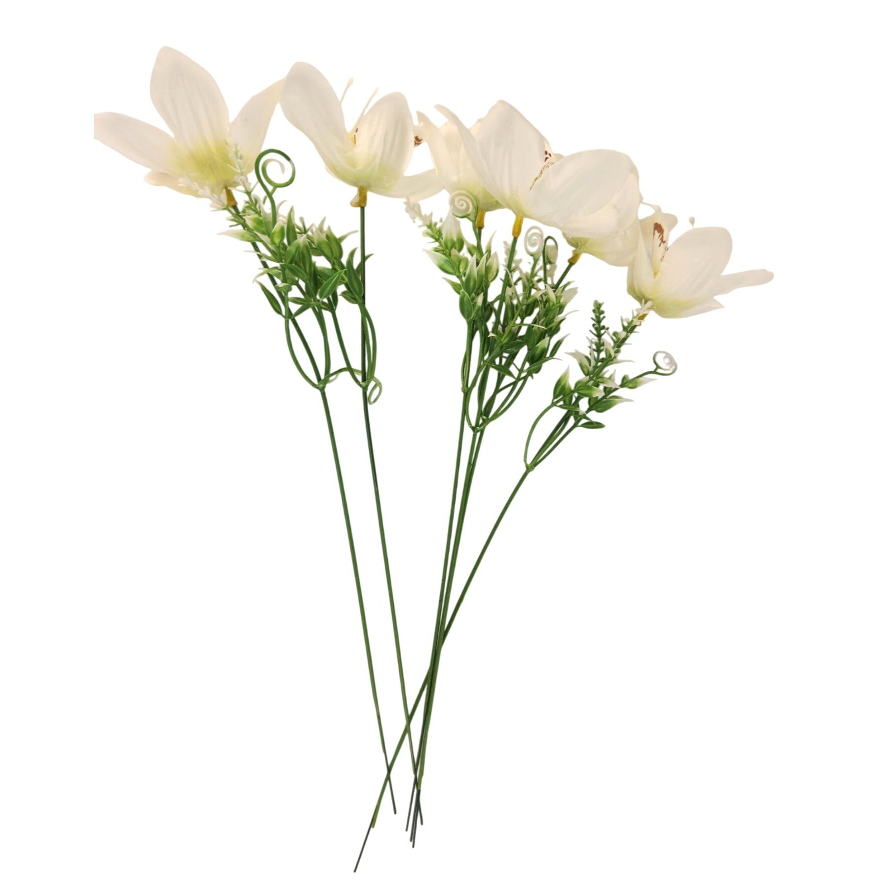 White Orchid Artificial Flowers with Greenery 6 Stem Bundle Faux Silk Wedding Florals