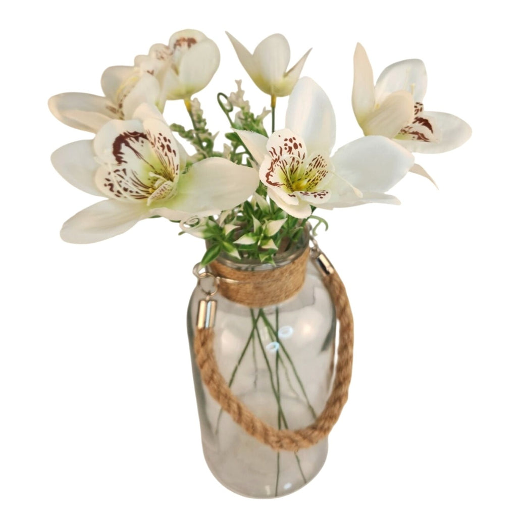 White Orchid Artificial Flowers with Greenery 6 Stem Bundle Faux Silk Wedding Florals