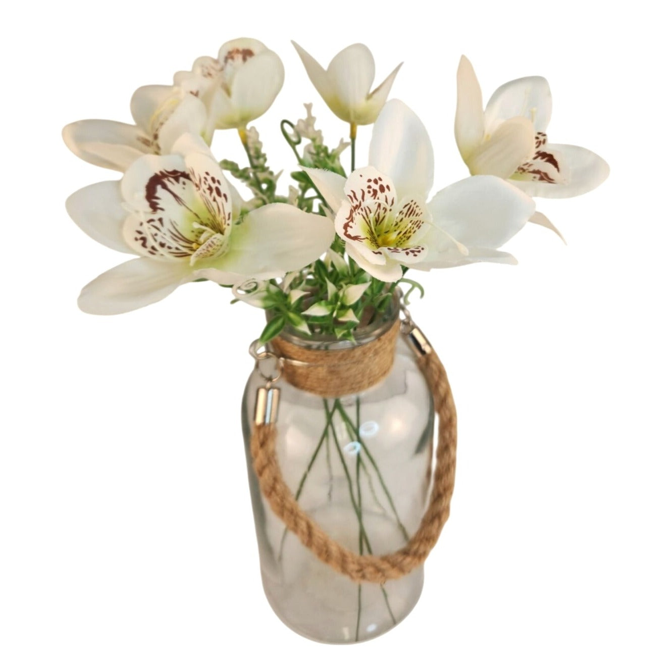 White Orchid Artificial Flowers with Greenery 6 Stem Bundle Faux Silk Wedding Florals