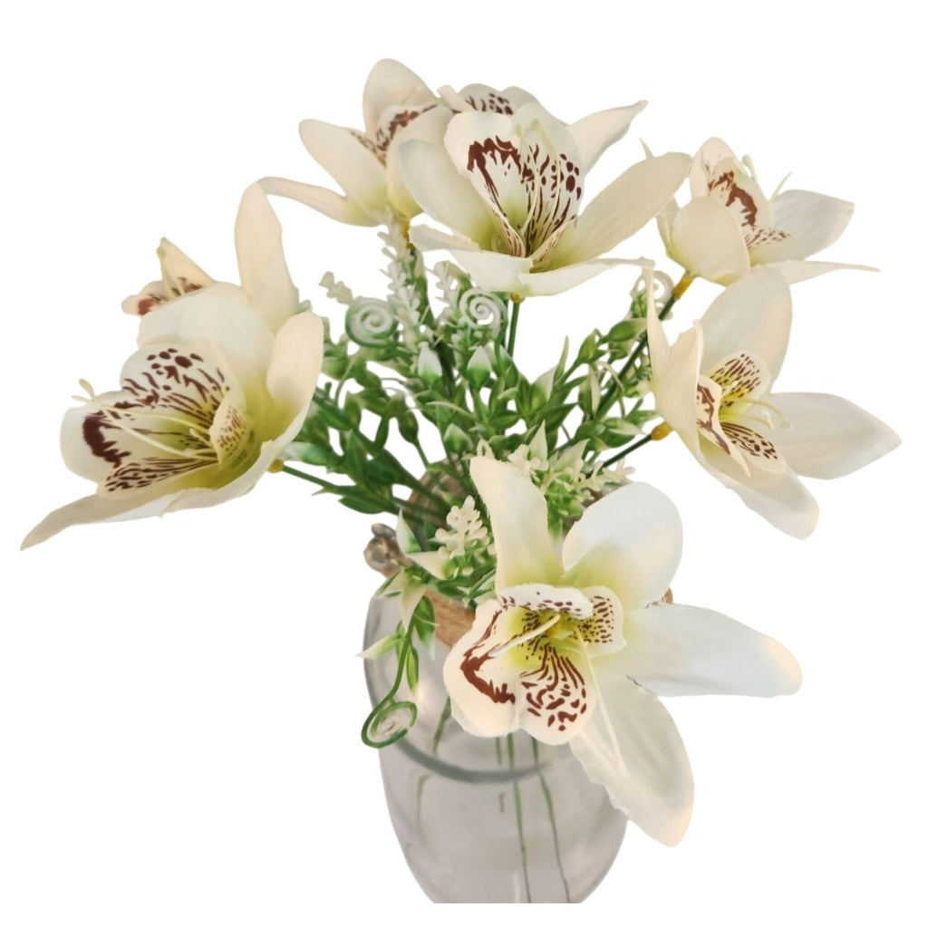 White Orchid Artificial Flowers with Greenery 6 Stem Bundle Faux Silk Wedding Florals