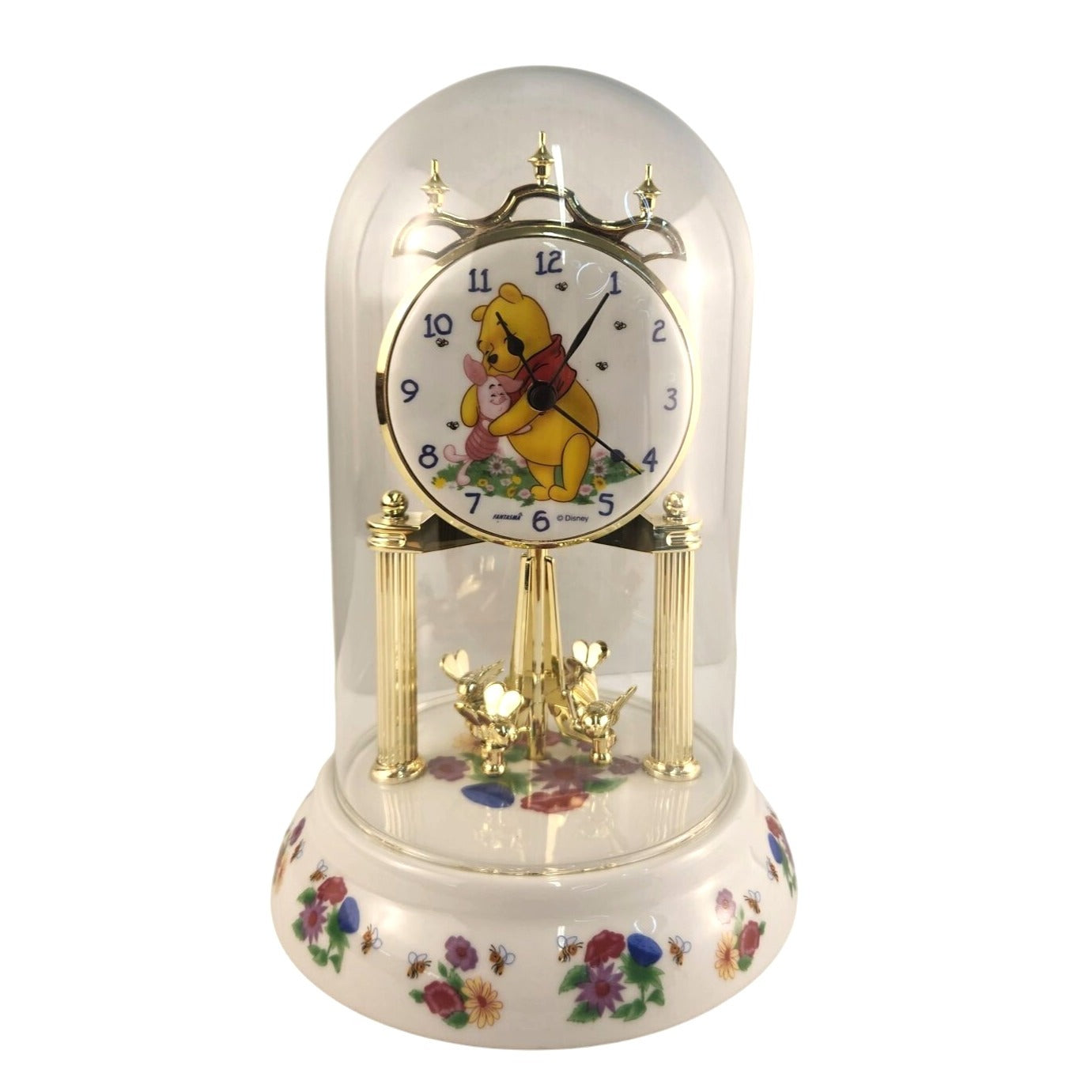 Disney Winnie The Pooh Piglet Glass Dome Revolving Bees Clock Floral Details