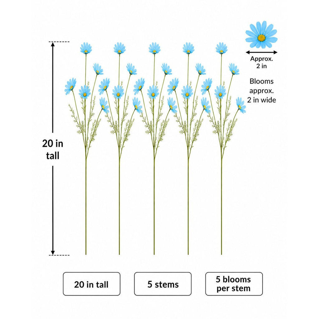 Aqua Blue Artificial Daisy Stems Set of 5, 20 Inch Silk Flowers