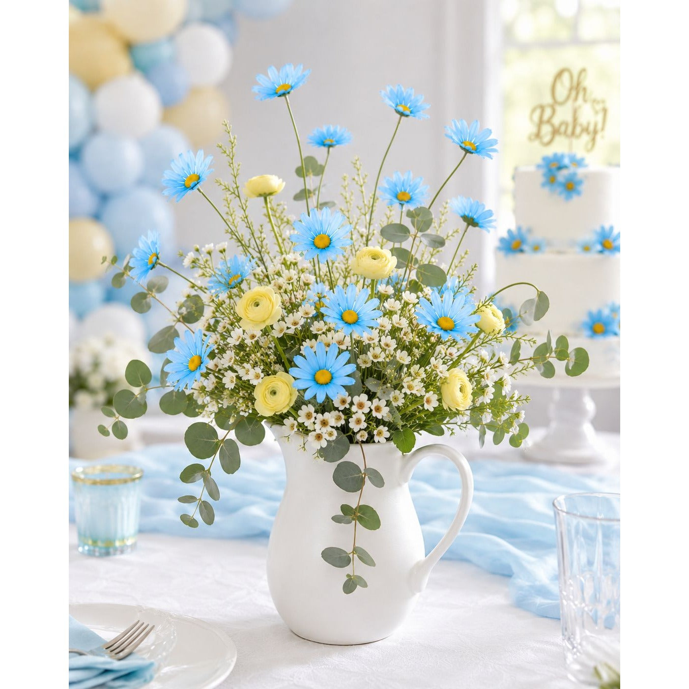 Aqua Blue Artificial Daisy Stems Set of 5, 20 Inch Silk Flowers