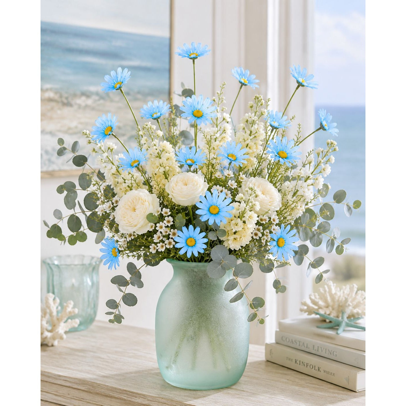 Aqua Blue Artificial Daisy Stems Set of 5, 20 Inch Silk Flowers