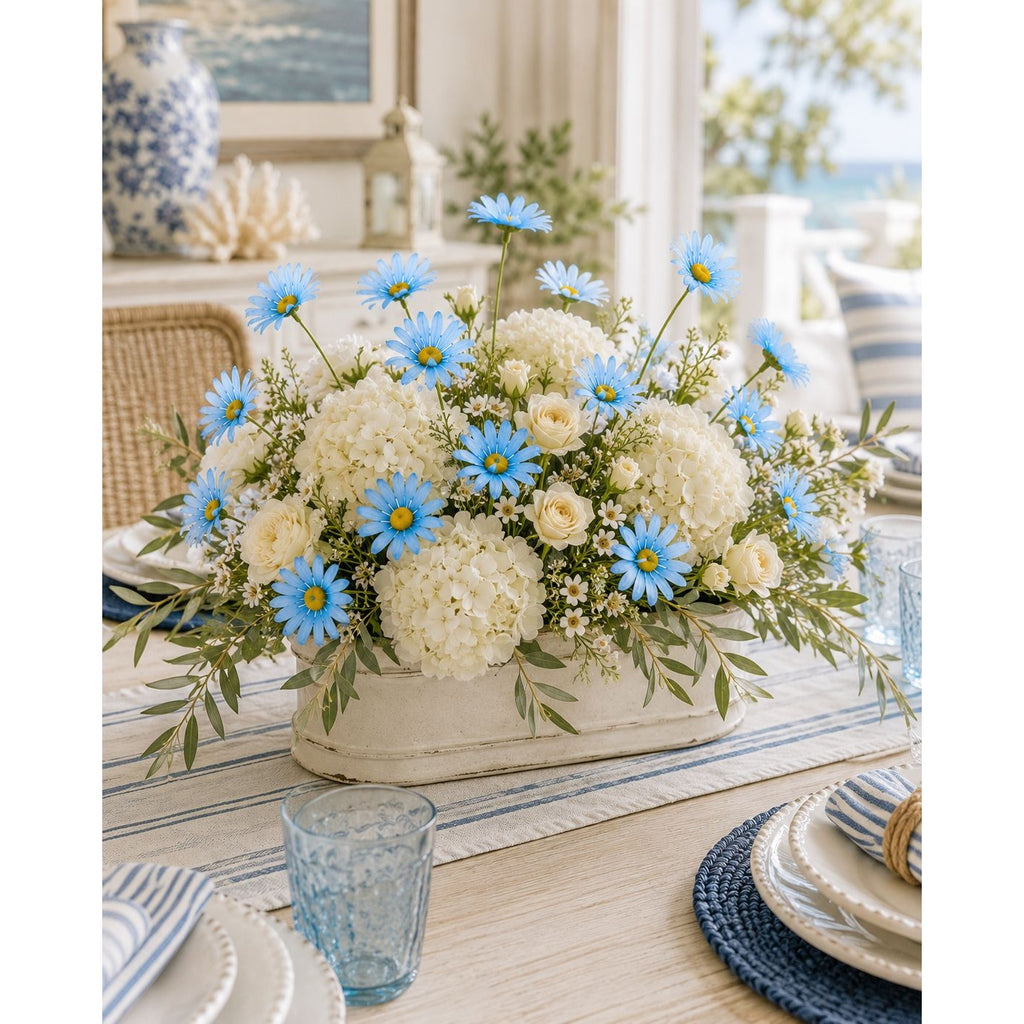 Aqua Blue Artificial Daisy Stems Set of 5, 20 Inch Silk Flowers