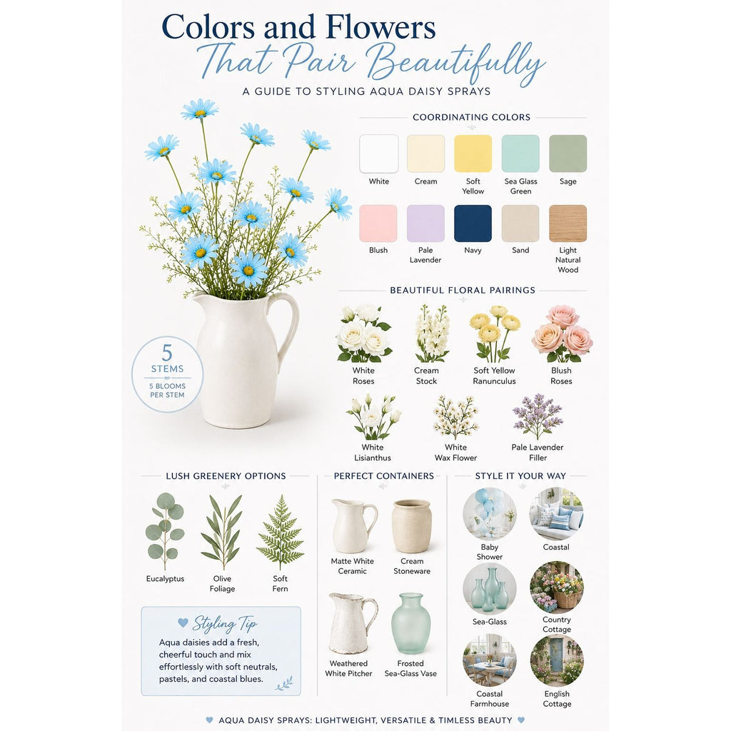 Aqua Blue Artificial Daisy Stems Set of 5, 20 Inch Silk Flowers