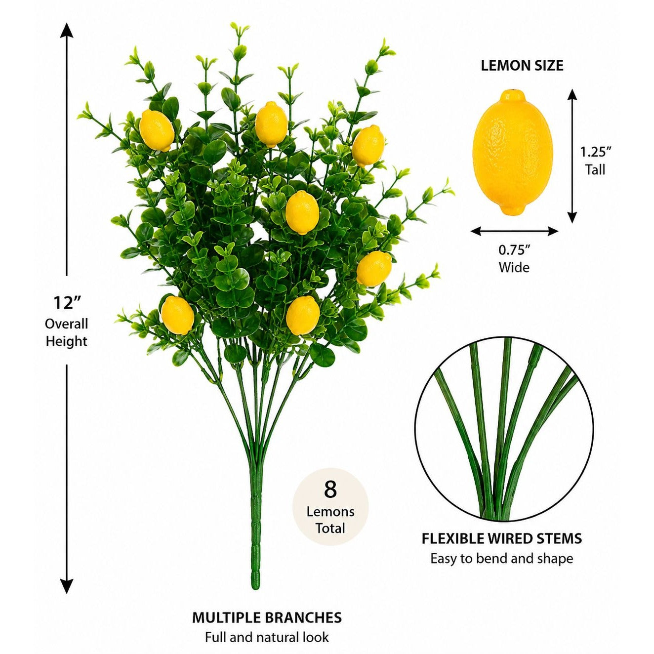 Faux Lemon Pick 12 Inch Artificial Lemon Stem Mini Lemon Greenery Farmhouse Decor French Country Floral Pick Wreath Supply DIY Craft