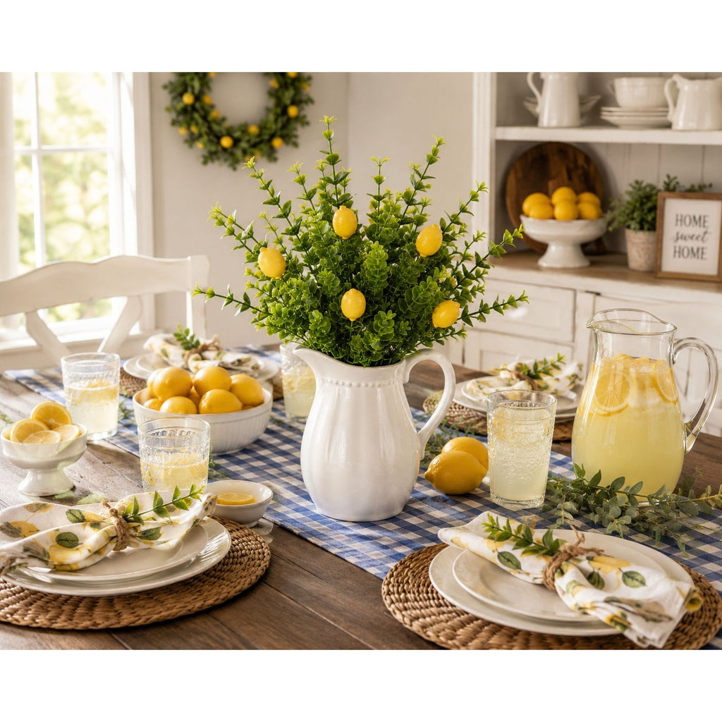 Faux Lemon Pick 12 Inch Artificial Lemon Stem Mini Lemon Greenery Farmhouse Decor French Country Floral Pick Wreath Supply DIY Craft