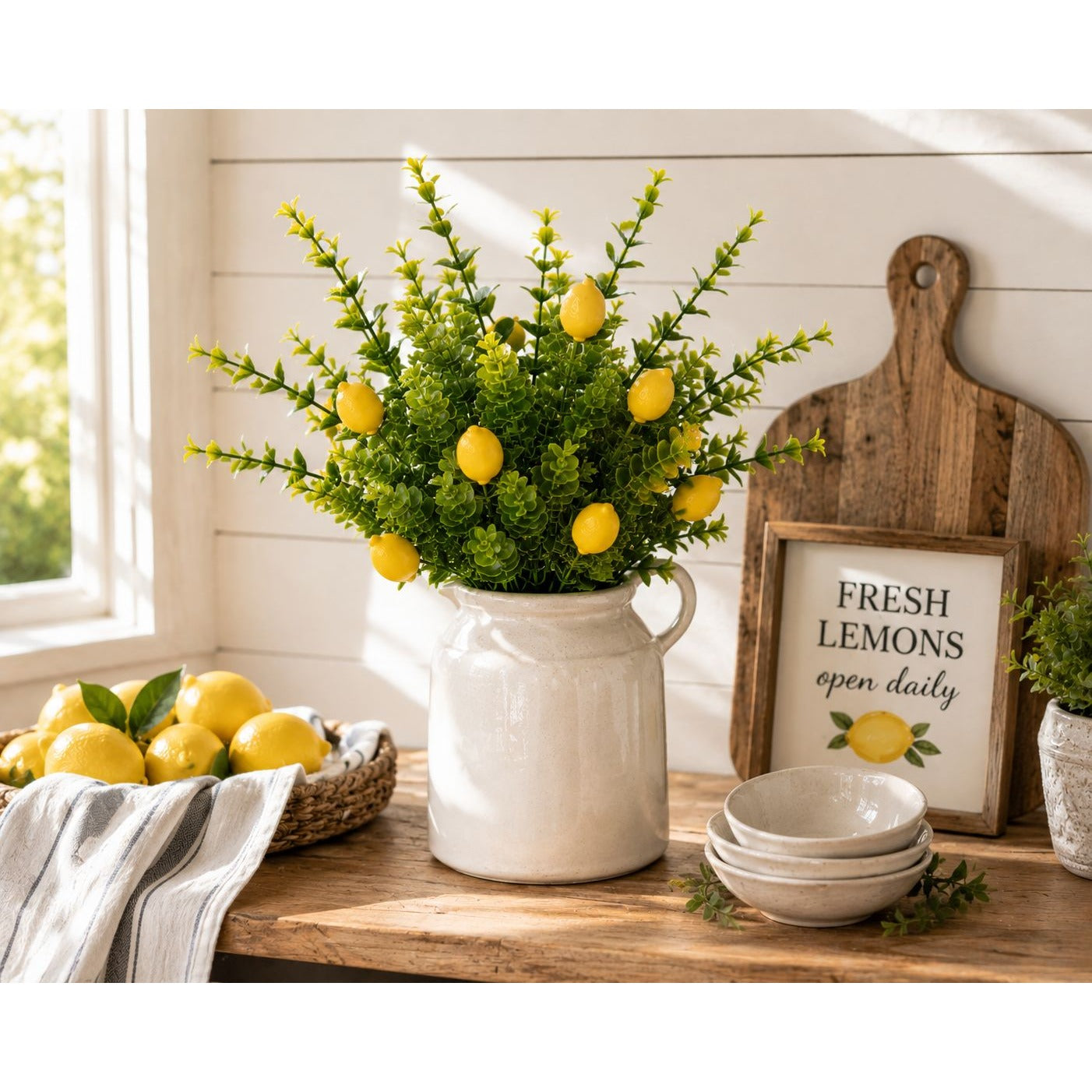 Faux Lemon Pick 12 Inch Artificial Lemon Stem Mini Lemon Greenery Farmhouse Decor French Country Floral Pick Wreath Supply DIY Craft
