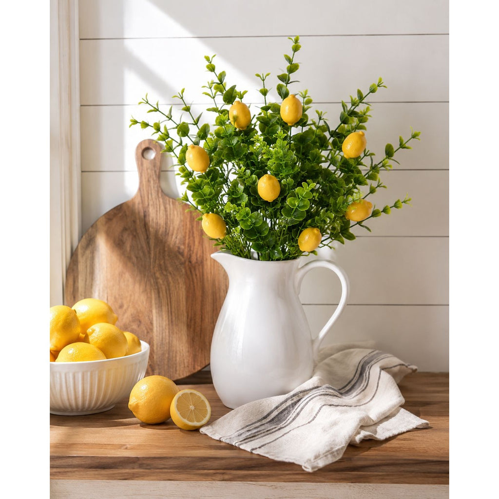 Faux Lemon Pick 12 Inch Artificial Lemon Stem Mini Lemon Greenery Farmhouse Decor French Country Floral Pick Wreath Supply DIY Craft