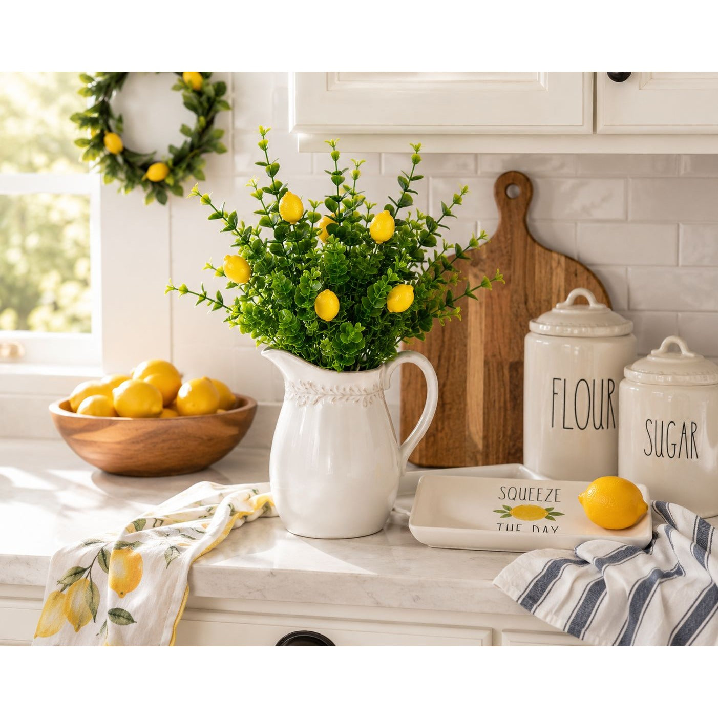 Faux Lemon Pick 12 Inch Artificial Lemon Stem Mini Lemon Greenery Farmhouse Decor French Country Floral Pick Wreath Supply DIY Craft