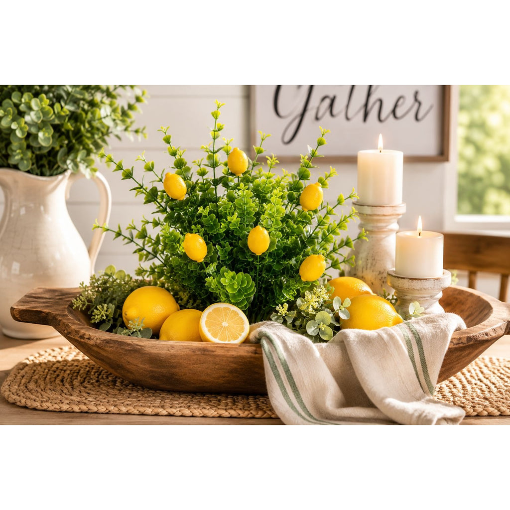 Faux Lemon Pick 12 Inch Artificial Lemon Stem Mini Lemon Greenery Farmhouse Decor French Country Floral Pick Wreath Supply DIY Craft