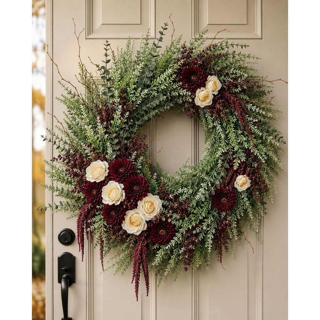 18 Inch Artificial Greenery Wreath, Faux Green Wreath, Year Round Front Door Decor, Twig Base Wreath, Farmhouse Centerpiece