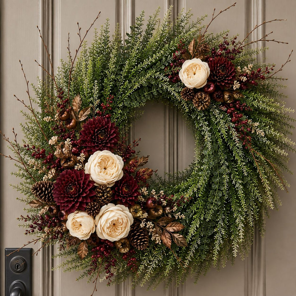 18 Inch Artificial Greenery Wreath, Faux Green Wreath, Year Round Front Door Decor, Twig Base Wreath, Farmhouse Centerpiece