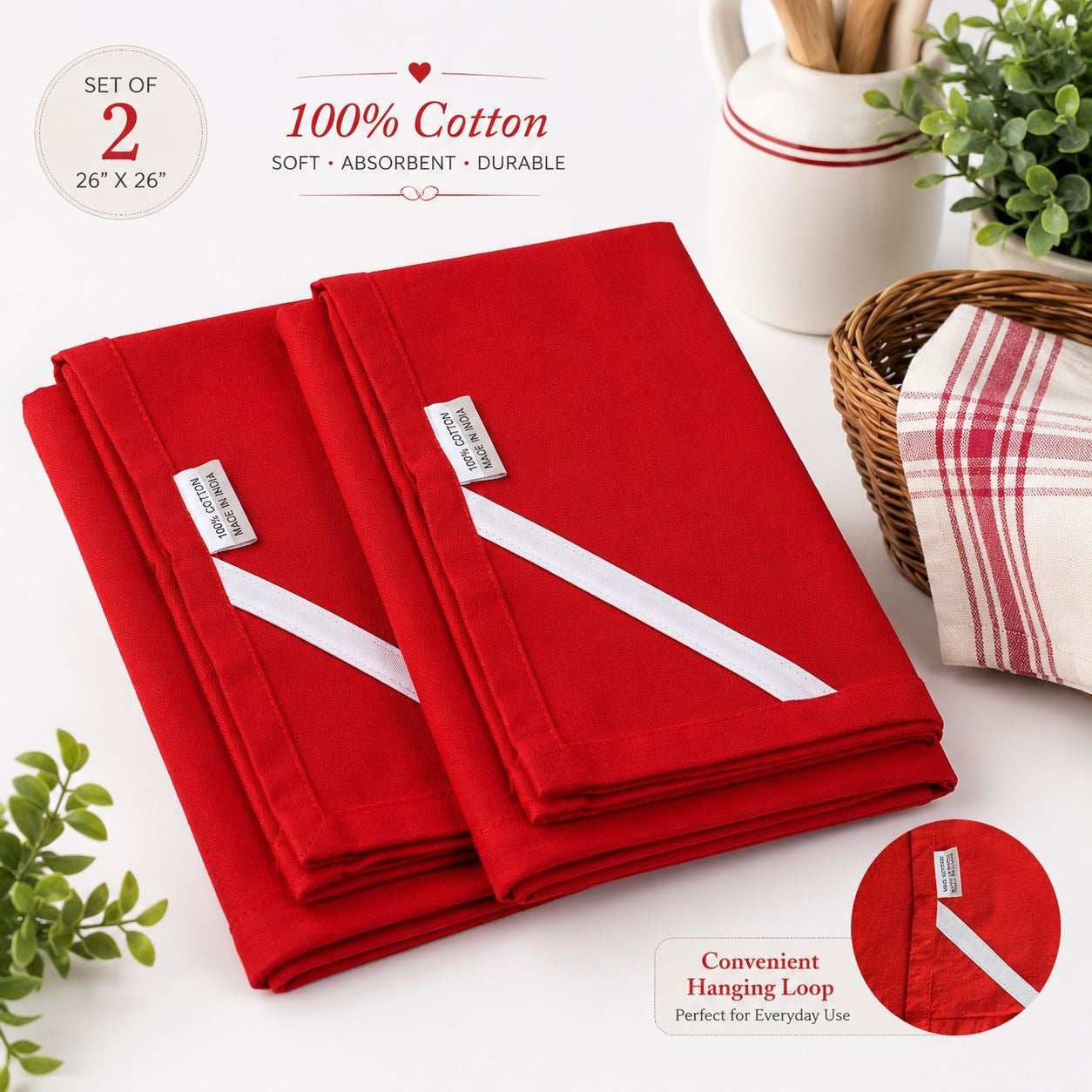 Set of 2 Red Embroidery Blank Tea Towels 26x26 100% Cotton Kitchen Dish Towels Hanging Loop