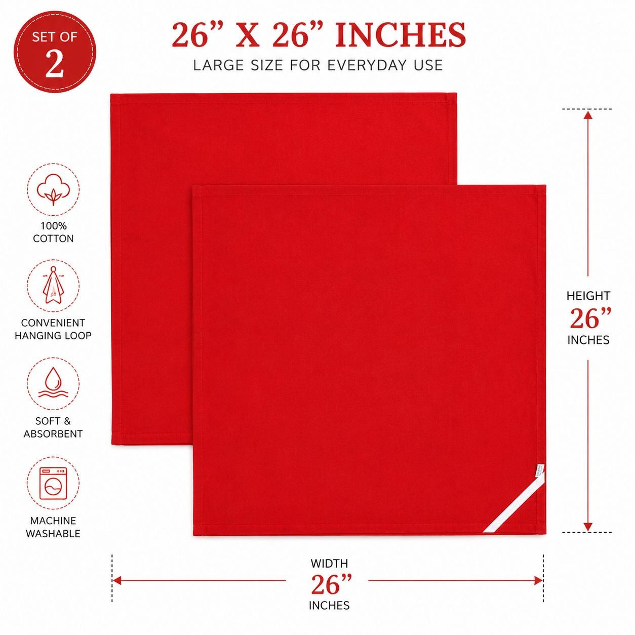 Set of 2 Red Embroidery Blank Tea Towels 26x26 100% Cotton Kitchen Dish Towels Hanging Loop