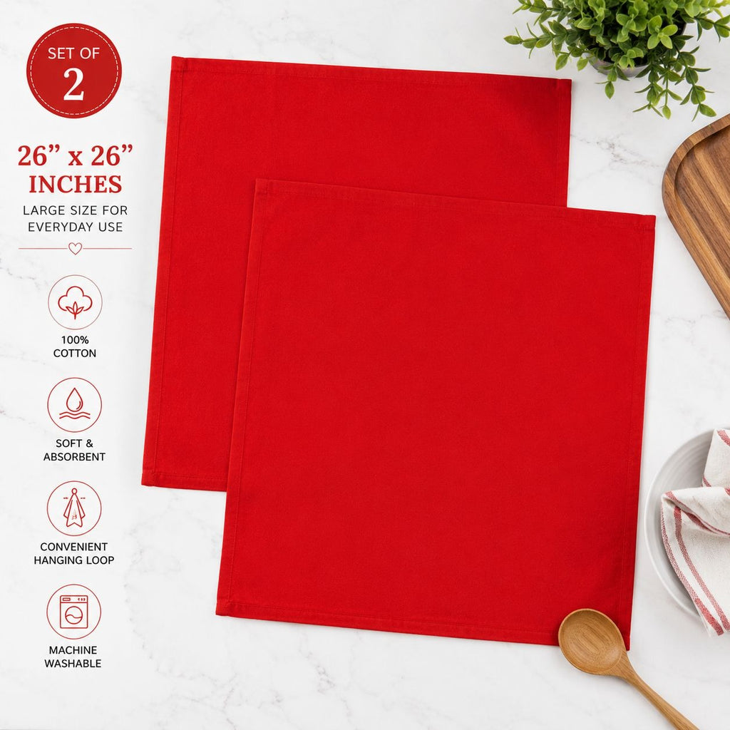 Set of 2 Red Embroidery Blank Tea Towels 26x26 100% Cotton Kitchen Dish Towels Hanging Loop