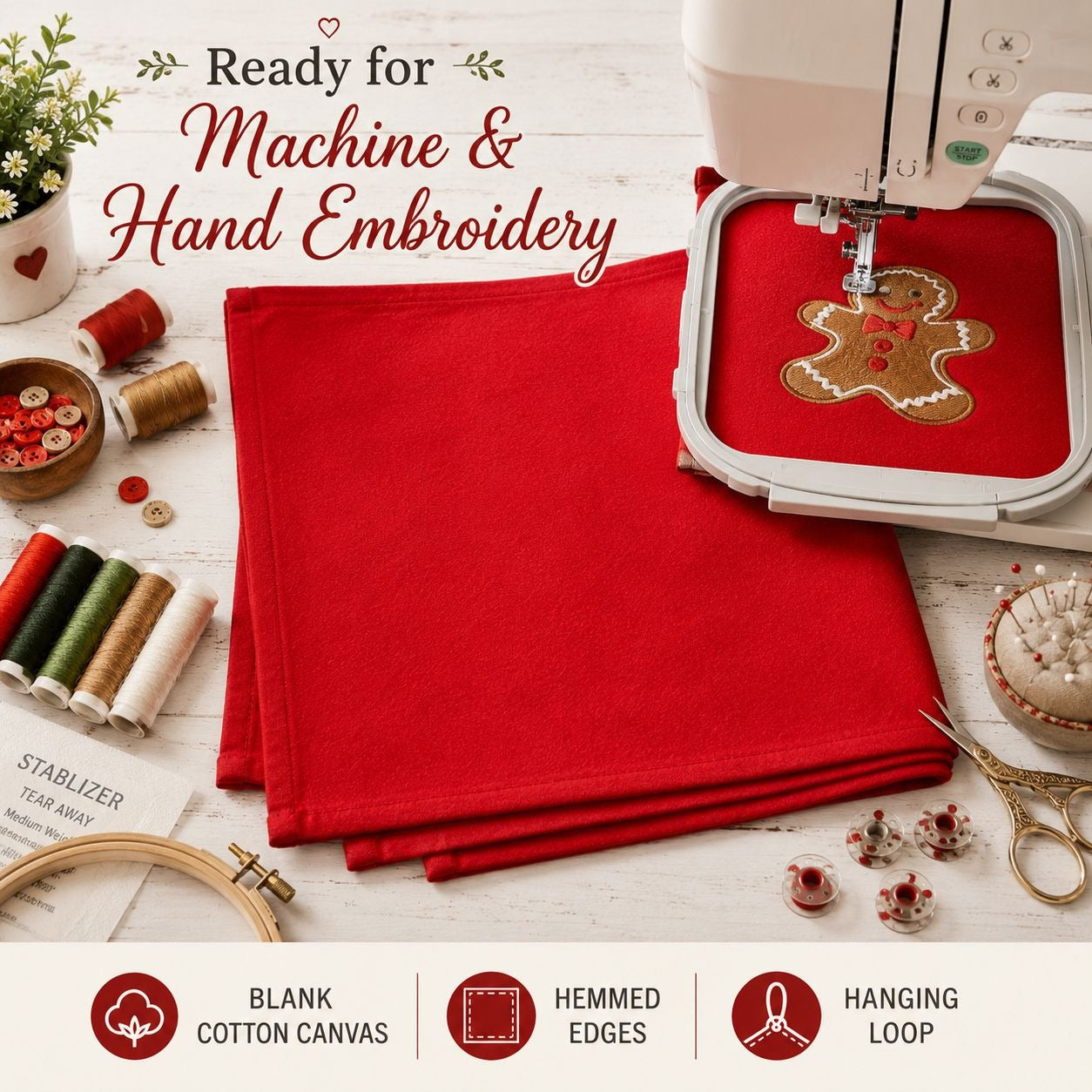 Set of 2 Red Embroidery Blank Tea Towels 26x26 100% Cotton Kitchen Dish Towels Hanging Loop