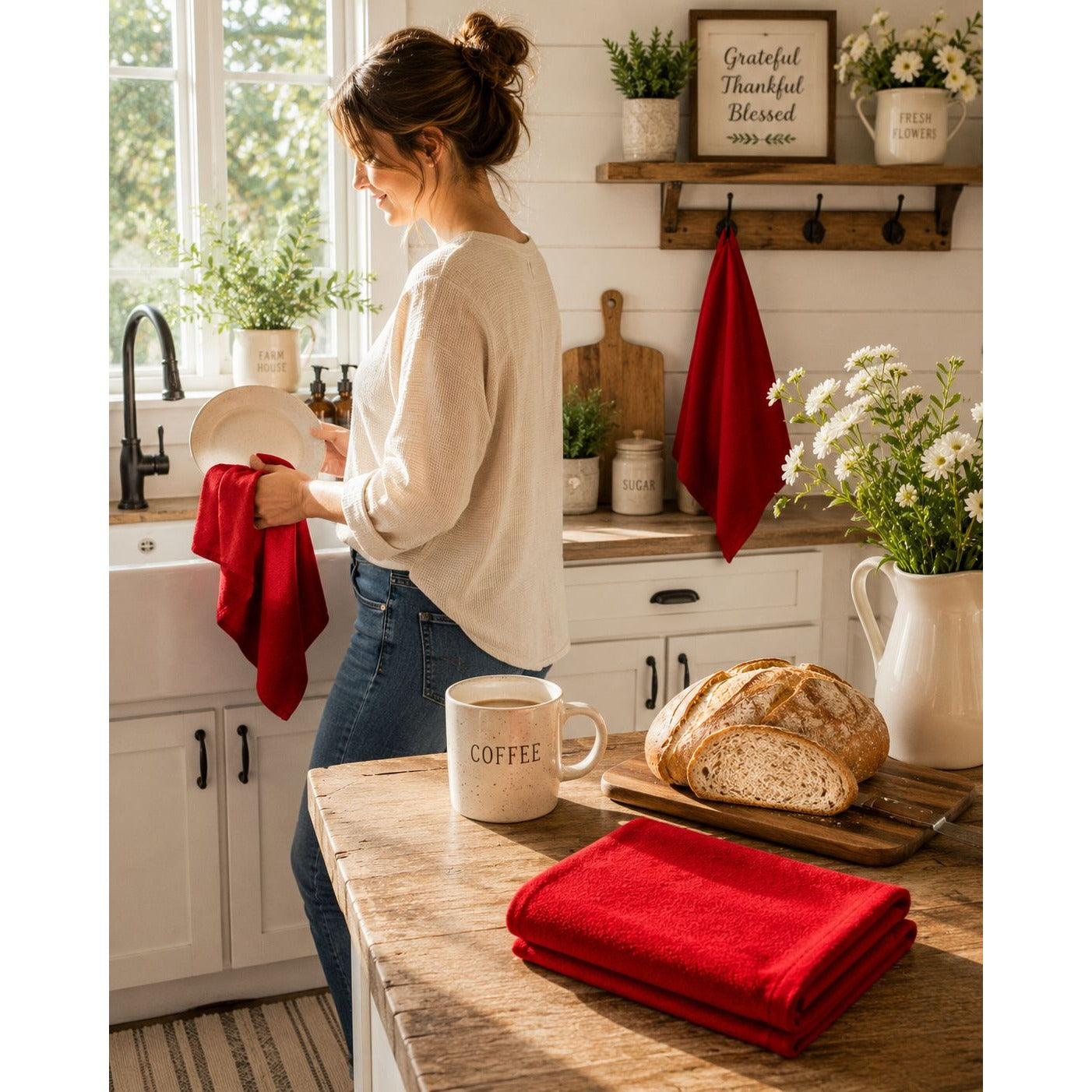 Set of 2 Red Embroidery Blank Tea Towels 26x26 100% Cotton Kitchen Dish Towels Hanging Loop
