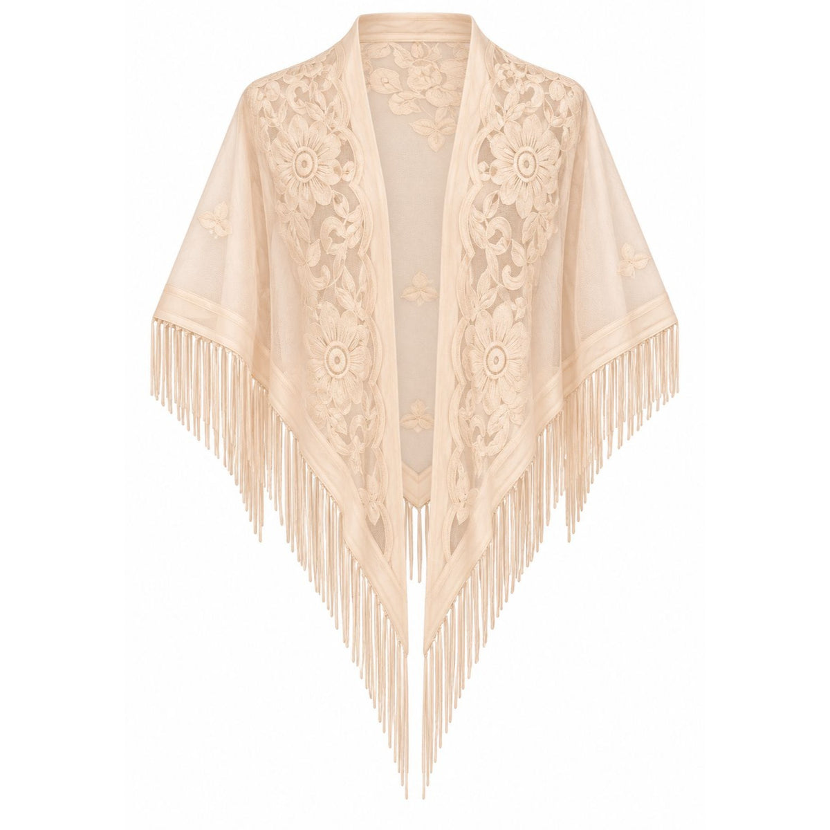 Ecru Floral Lace Triangle Shawl Fringe Sheer Evening Wedding Formal Wrap