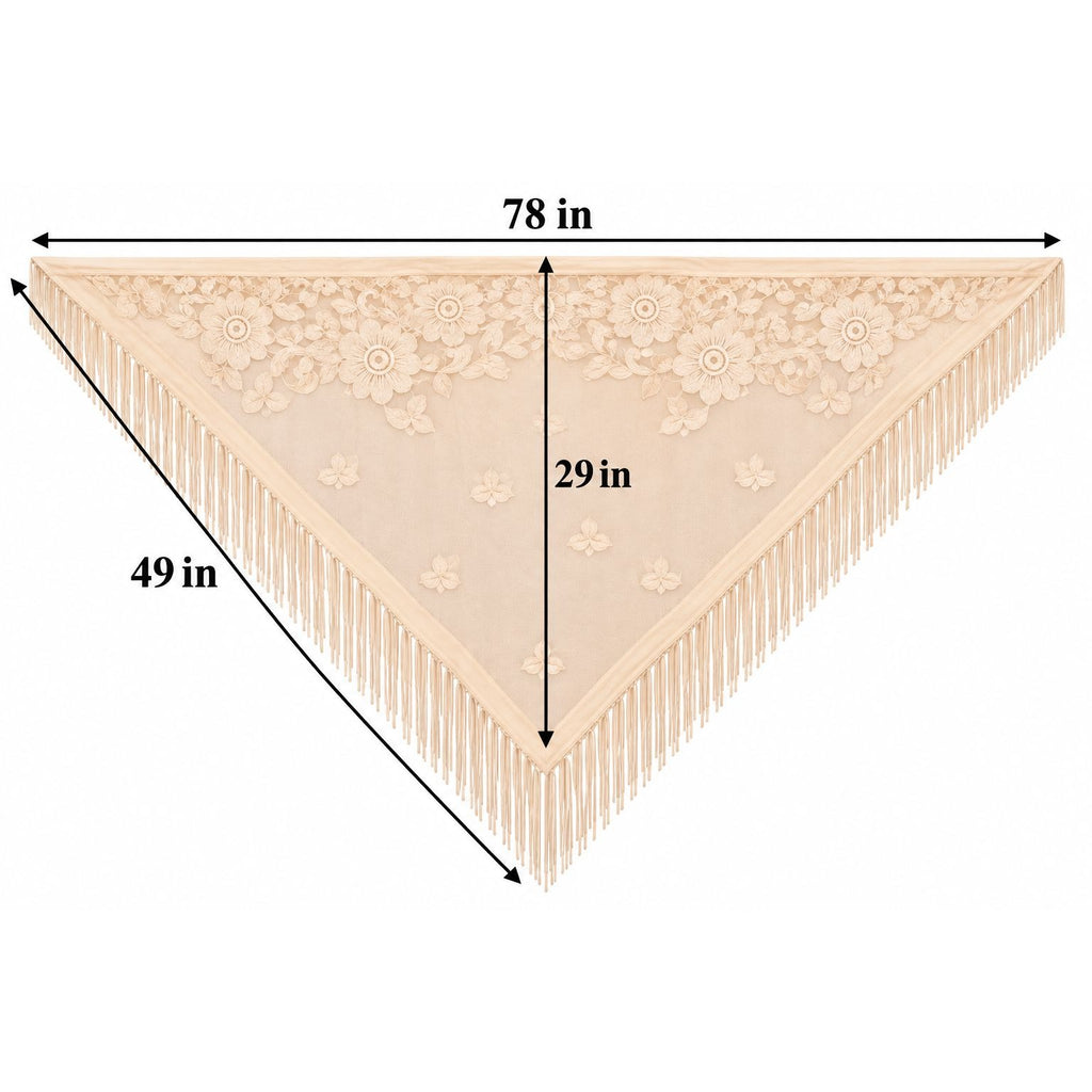 A triangular fringed textile shown on a white background with measurement arrows and labels indicating 78 in width, 49 in side length, and 29 in height.