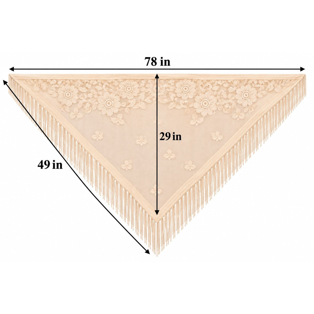 A triangular fringed textile shown on a white background with measurement arrows and labels indicating 78 in width, 49 in side length, and 29 in height.