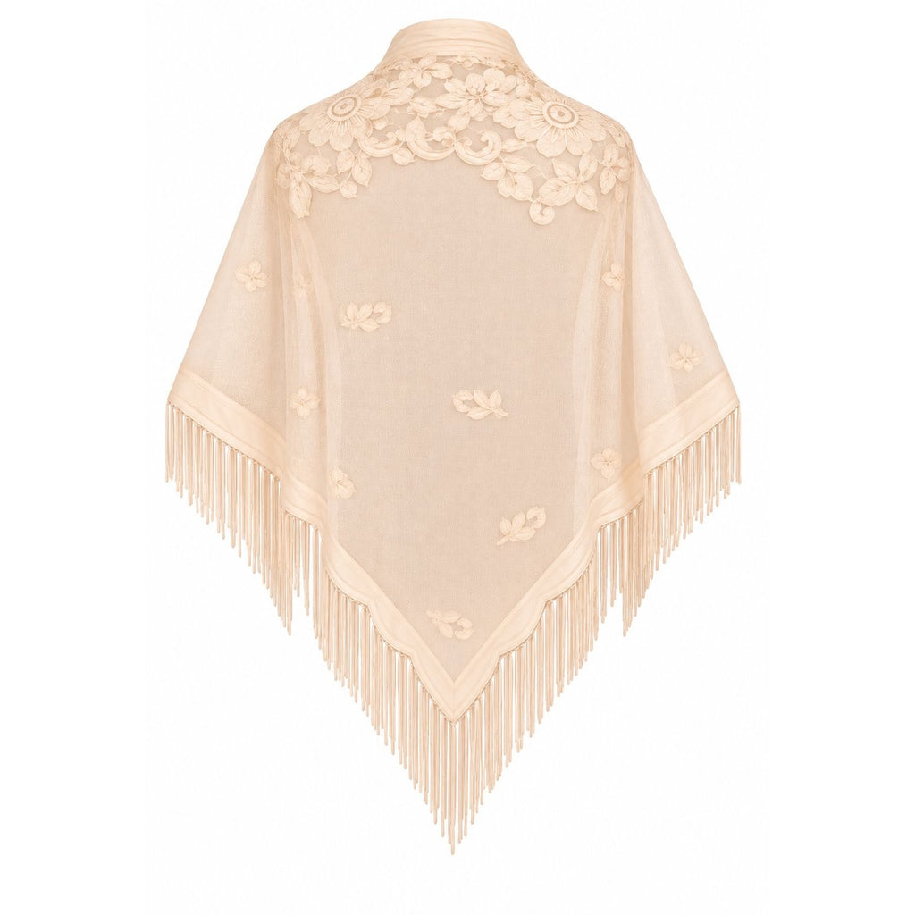 A light beige lace and tassel shawl or wrap with floral embroidery and fringe trim, shown against a plain white background.