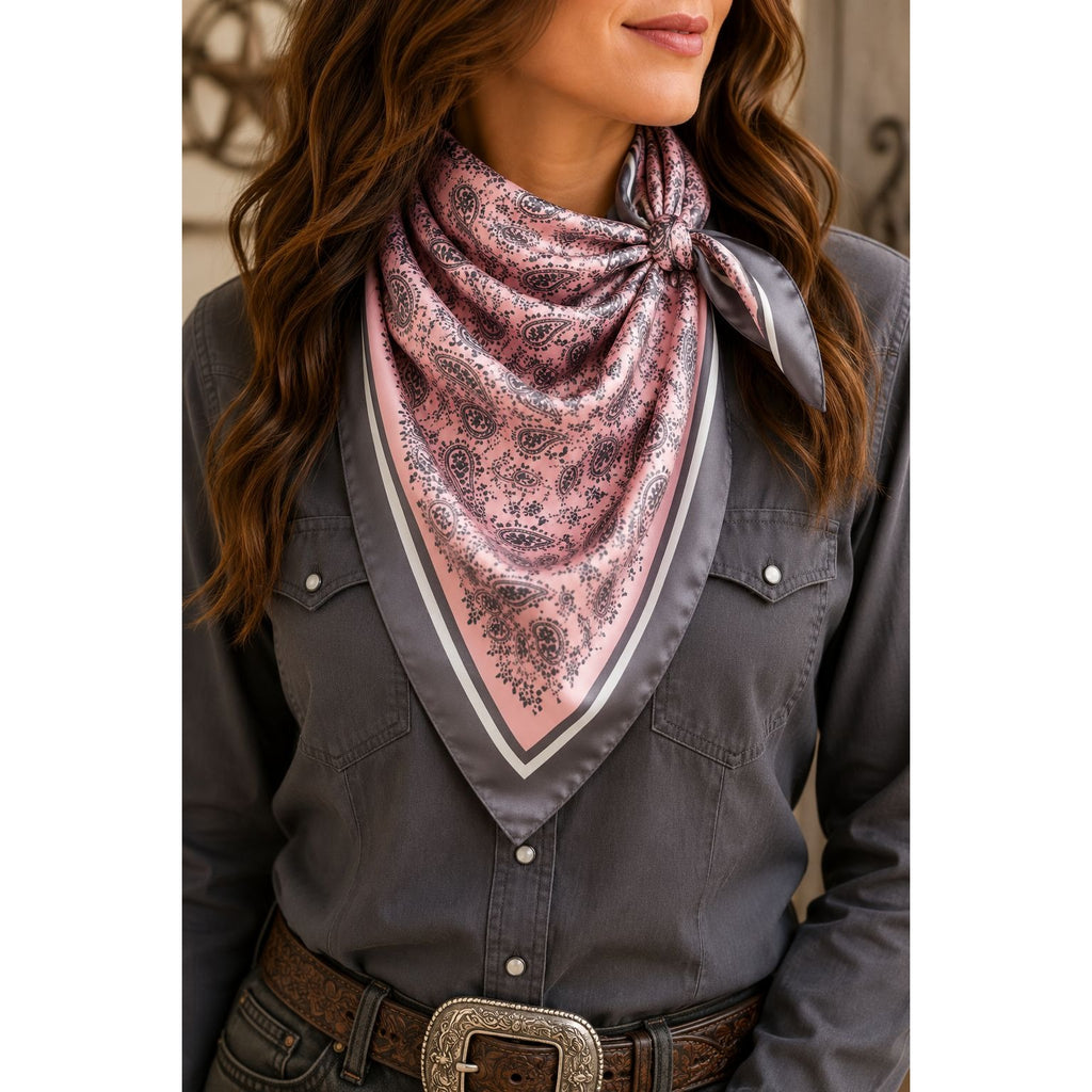 Blush Pink Paisley Wild Rag Scarf 35x35 Satin Western Cowgirl Charcoal Gray