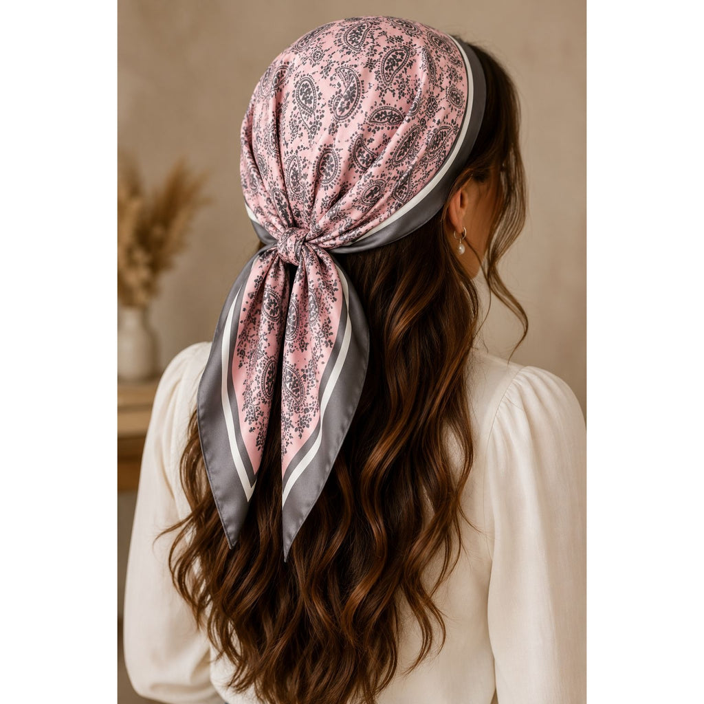 Blush Pink Paisley Wild Rag Scarf 35x35 Satin Western Cowgirl Charcoal Gray