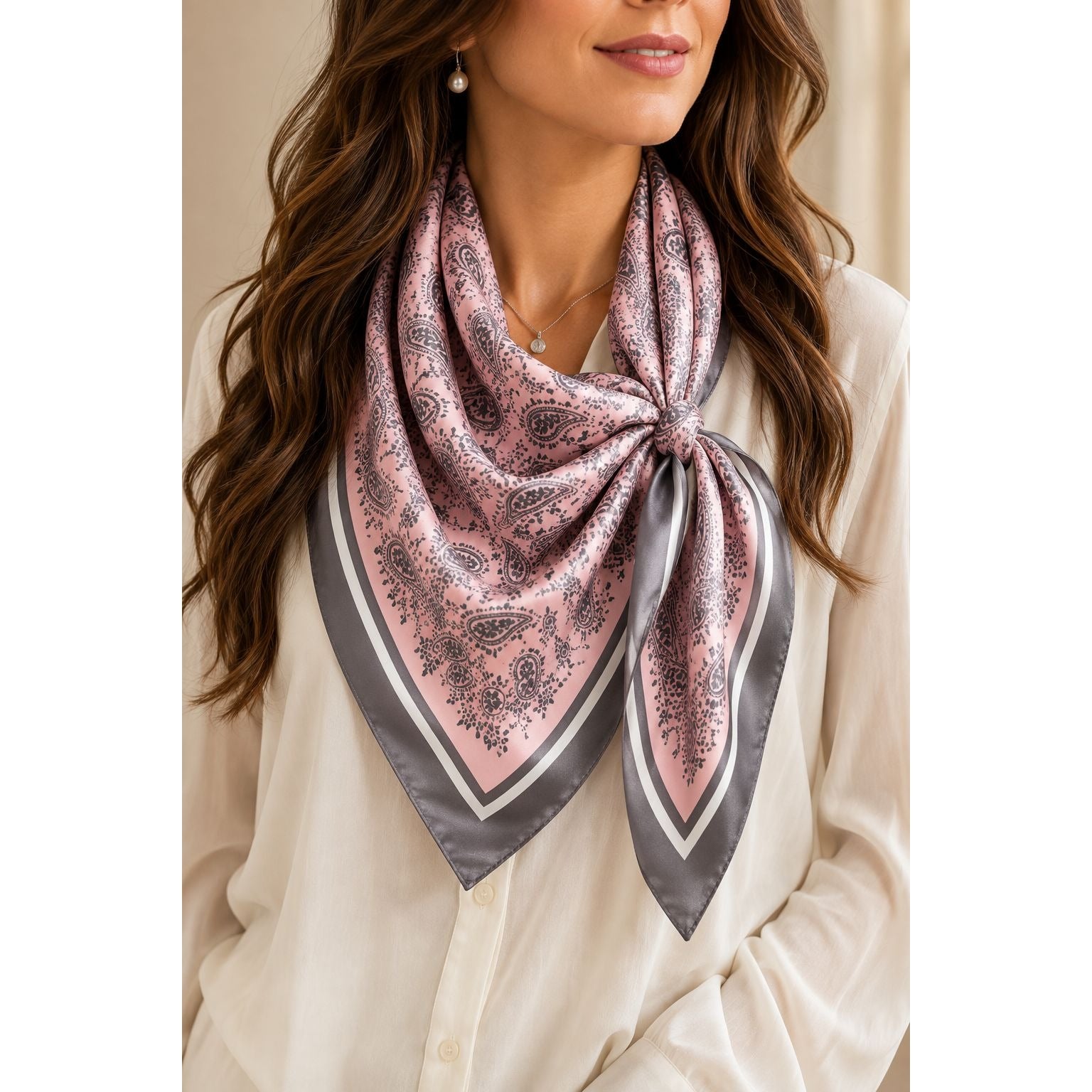 Blush Pink Paisley Wild Rag Scarf 35x35 Satin Western Cowgirl Charcoal Gray